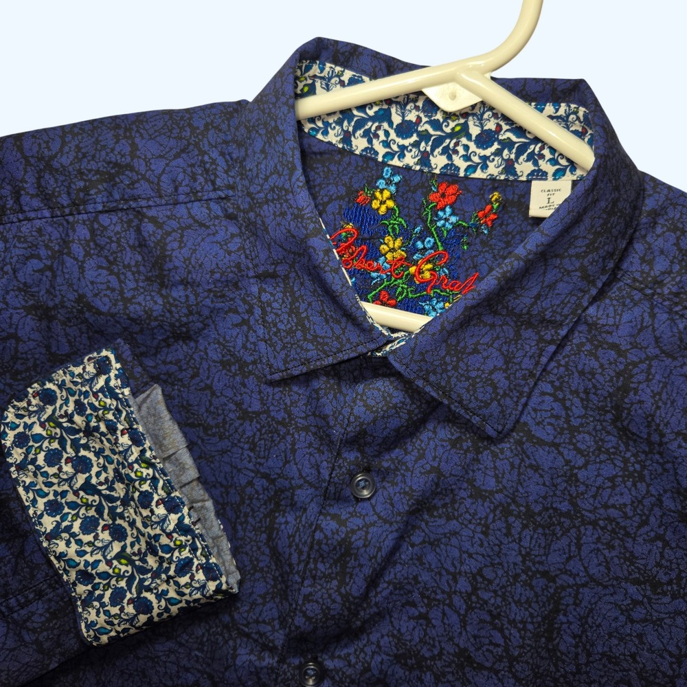 Robert Graham Blue Black Abstract Print Button Down Shirt Classic Fit Mens Large